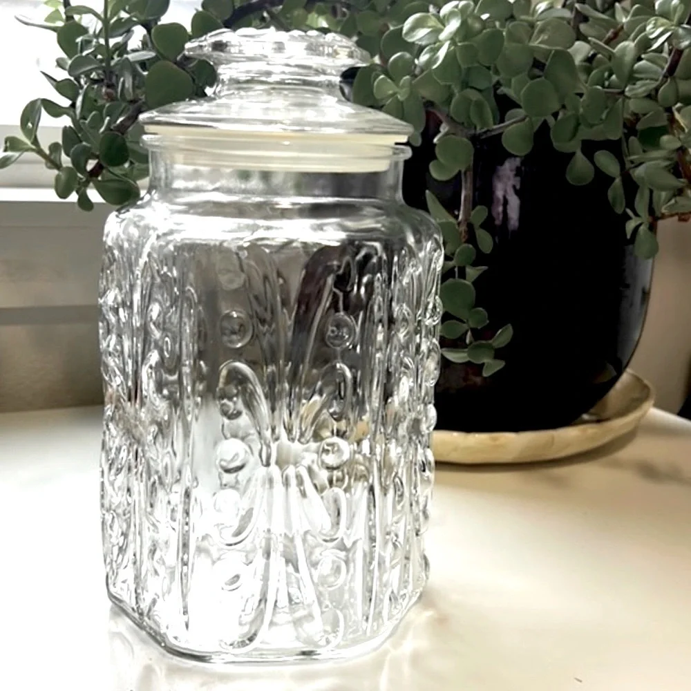 Large Vintage L.E. Smith Atterbury Scroll Design/ Federal Glass Canister W Lid
